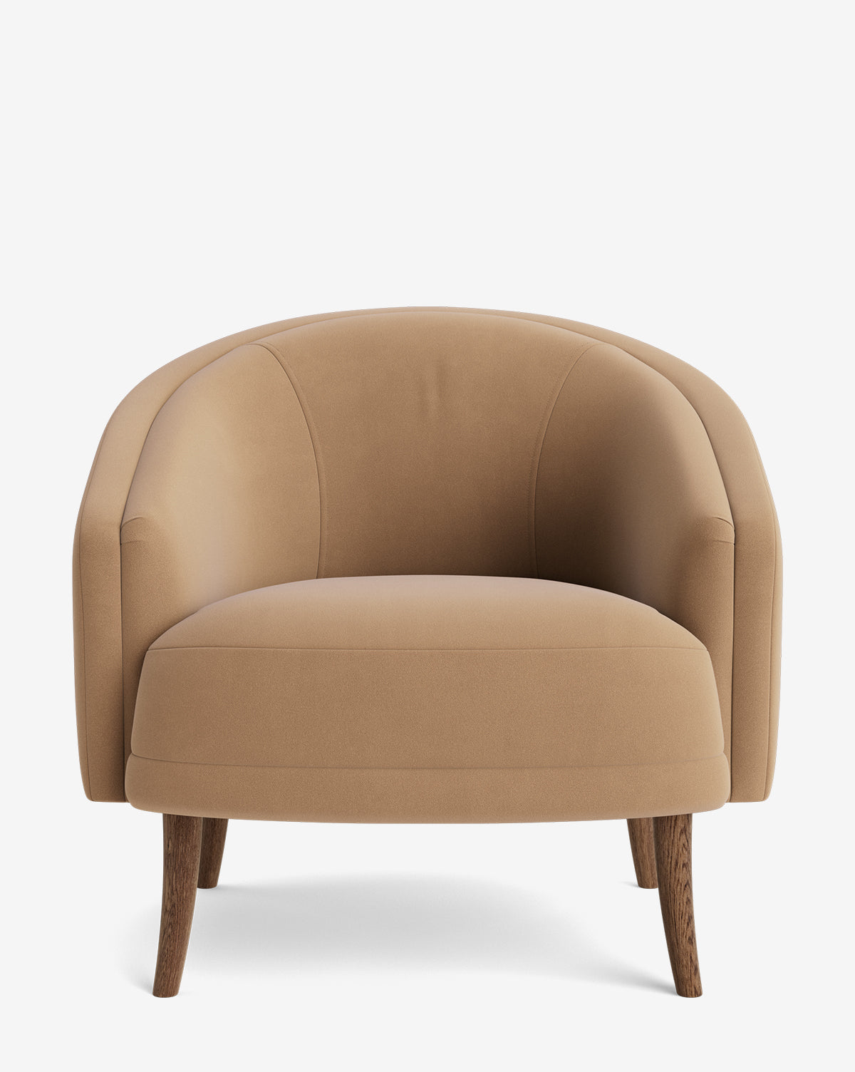 The Marguerite Lounge Chair is a modern armchair featuring a curved backrest, armrests, light brown upholstery, and four angled wooden legs, displayed against a white background by McGee & Co.