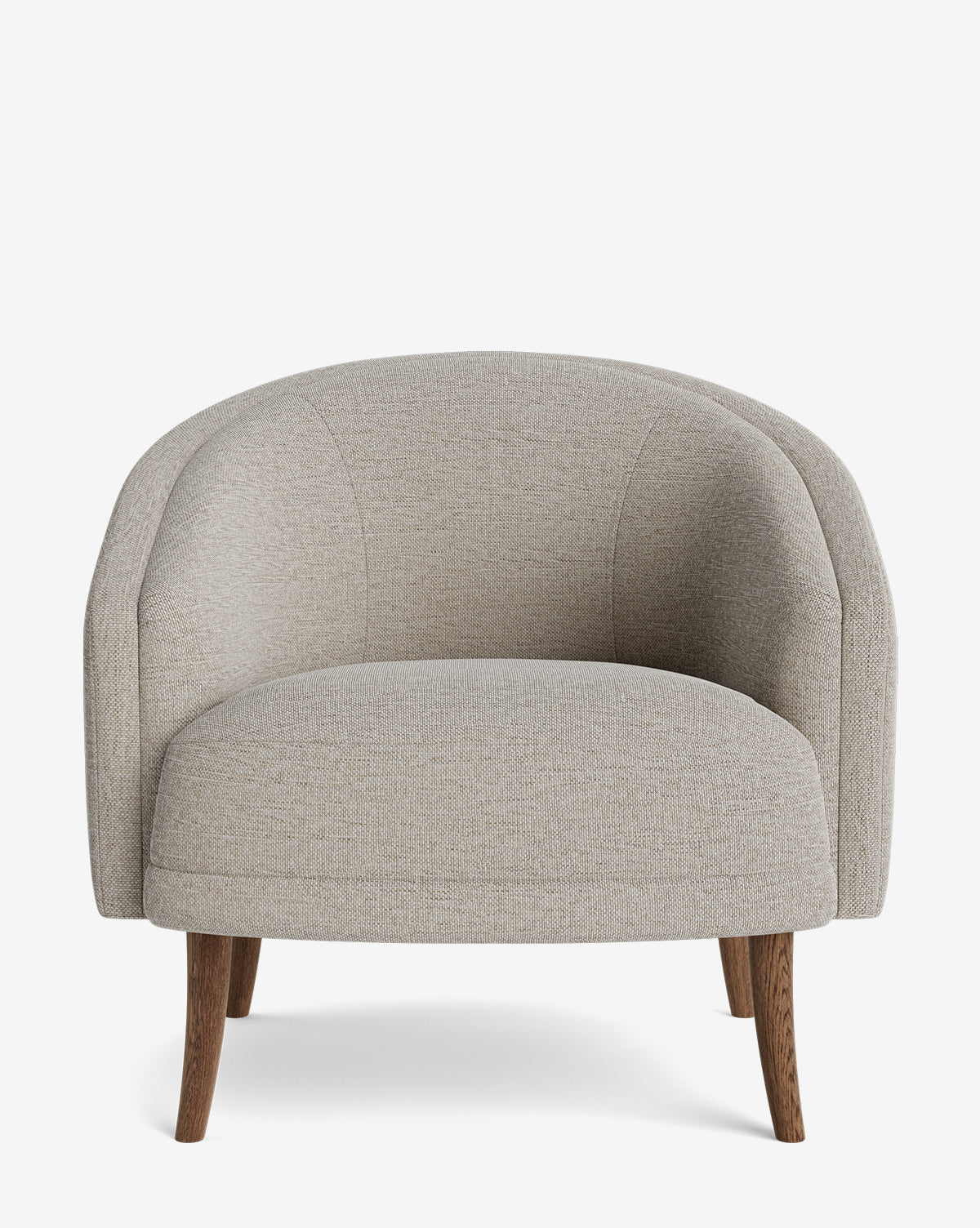 The Marguerite Lounge Chair, featuring light grey upholstery, a curved backrest, and dark wooden legs, is displayed from the front on a white background by McGee & Co.