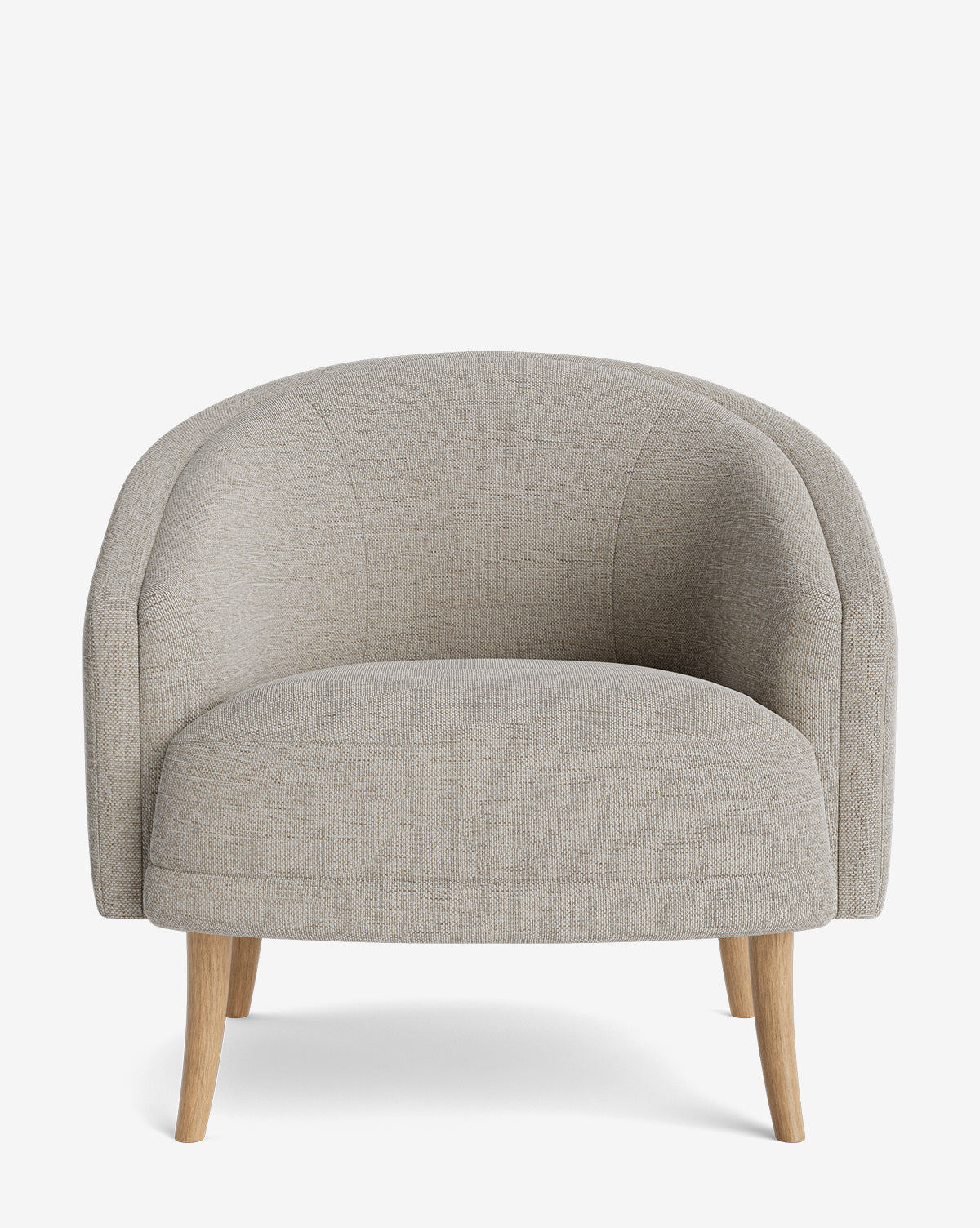 The Marguerite Lounge Chair has light gray upholstery, a rounded backrest, and light wooden legs, shown from the front against a white background by McGee & Co.