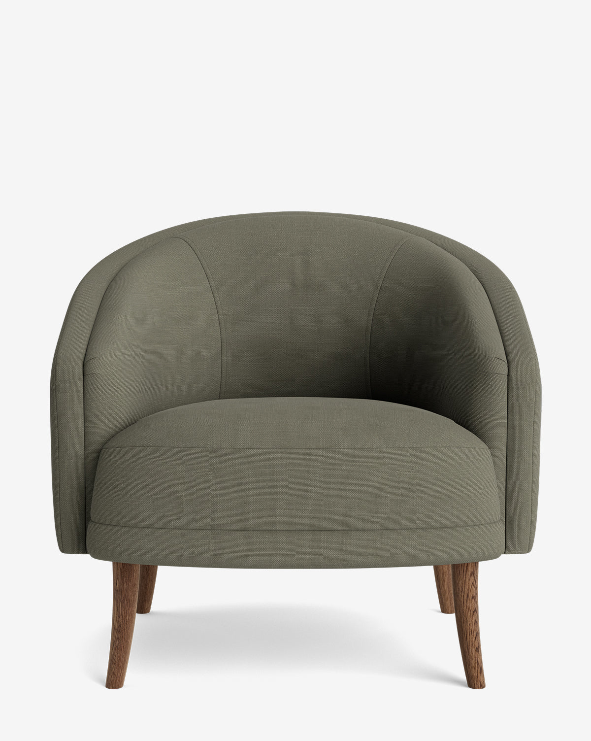 The Marguerite Lounge Chair, shown from the front against a white background, features green upholstery, a curved backrest, and wooden legs, by Vendixs