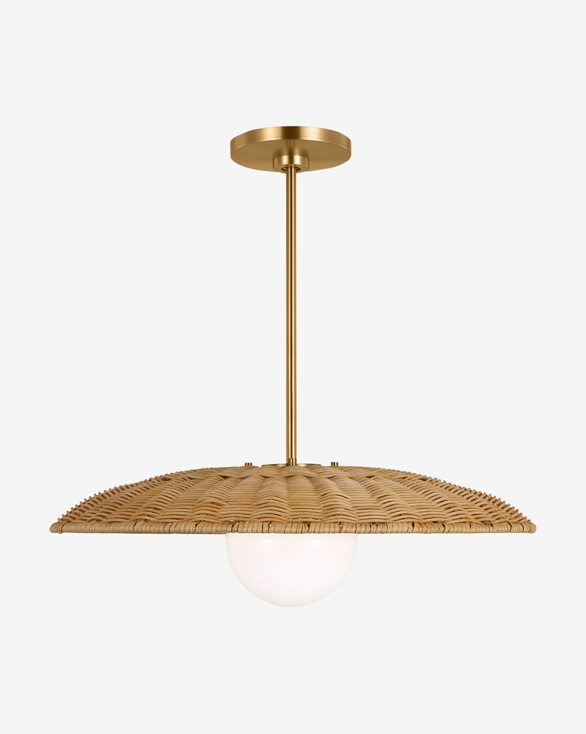 The Mari Pendant by Visual Comfort Studio - Generation Lighting features a round brass mount, slim brass stem, woven rattan shade, and a white globe bulb inspired by classic milk glass pendants. Vendixs