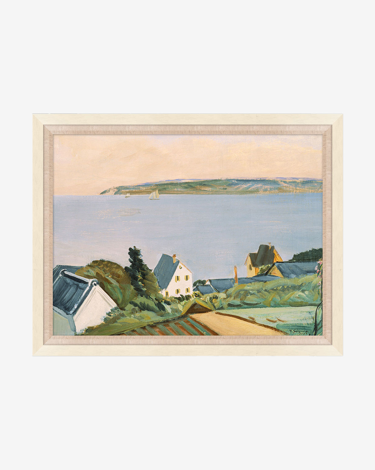 Marina Vista is a framed, museum-quality painting of a peaceful waterside scene with houses, green fields, and trees in the foreground, looking out over blue water with a sailboat and distant shore beneath a gentle sky, by Vendixs