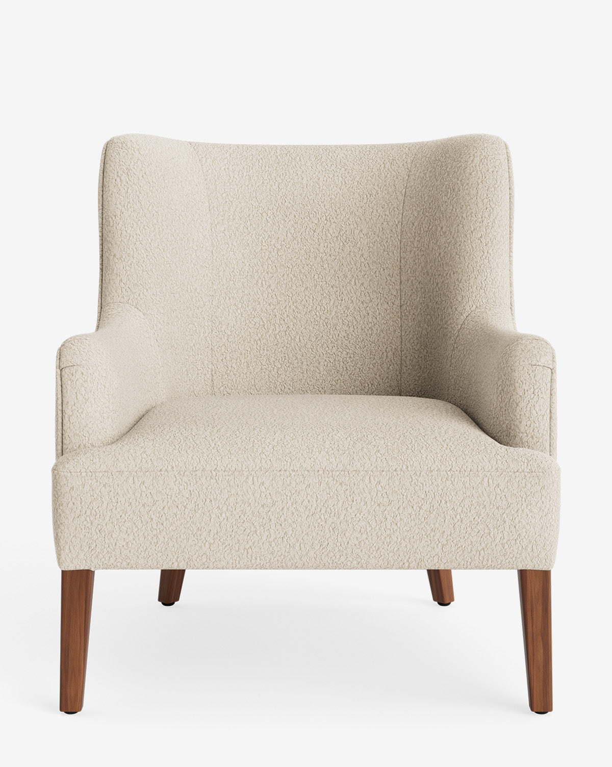 The Marion Lounge Chair is a modern armchair with performance fabric upholstery, high back, slightly curved armrests, and wooden legs, by Vendixs Shown in beige against a white background.