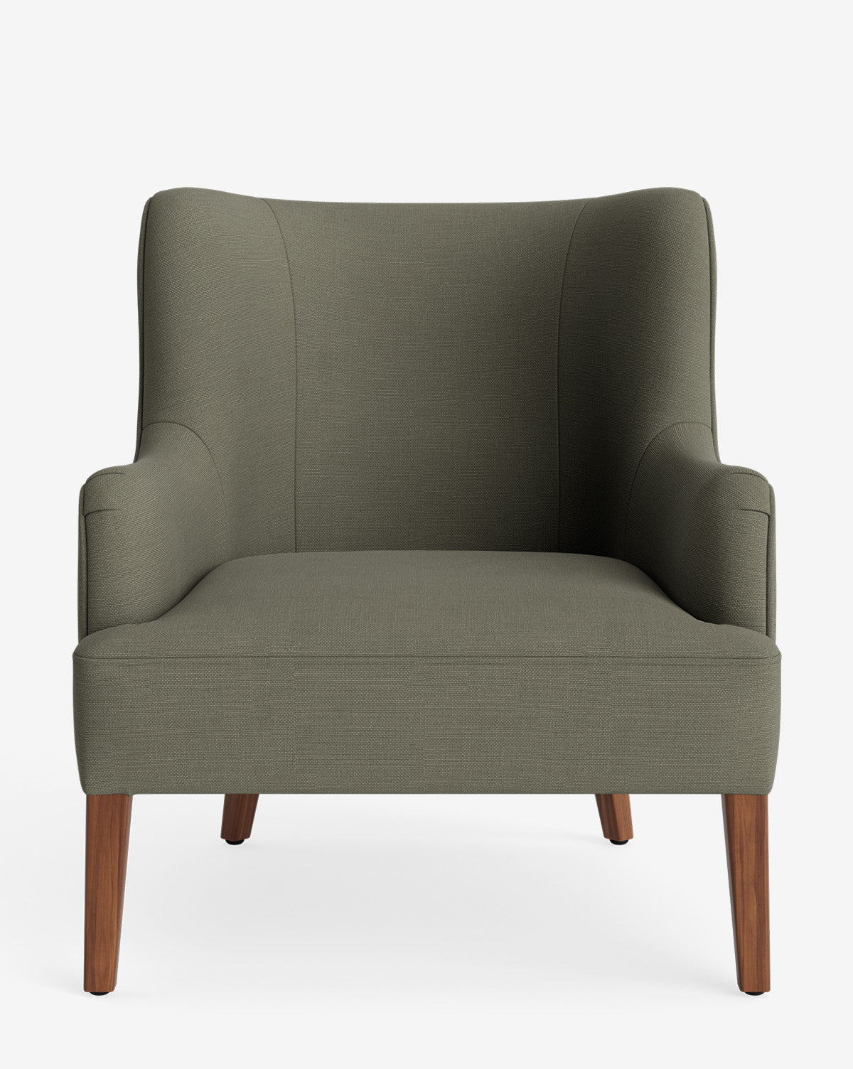 The Makerspalm Marion Lounge Chair features olive green performance fabric upholstery, a wide seat, curved backrest, and wooden legs, shown against a white background. Vendixs