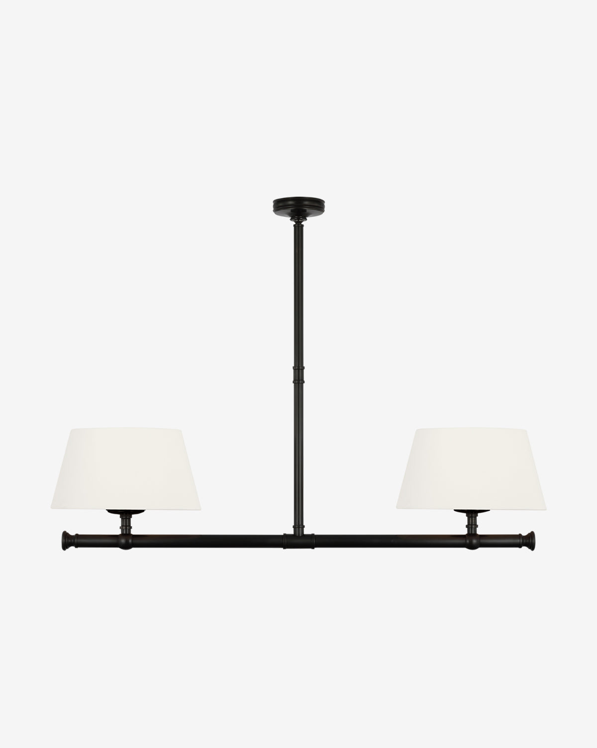 The Marion Linear Chandelier by Visual Comfort & Co. Signature displays a sleek black horizontal bar with two white linen shades, suspended from a ceiling mount on a vertical rod, shown against a plain white background. Vendixs