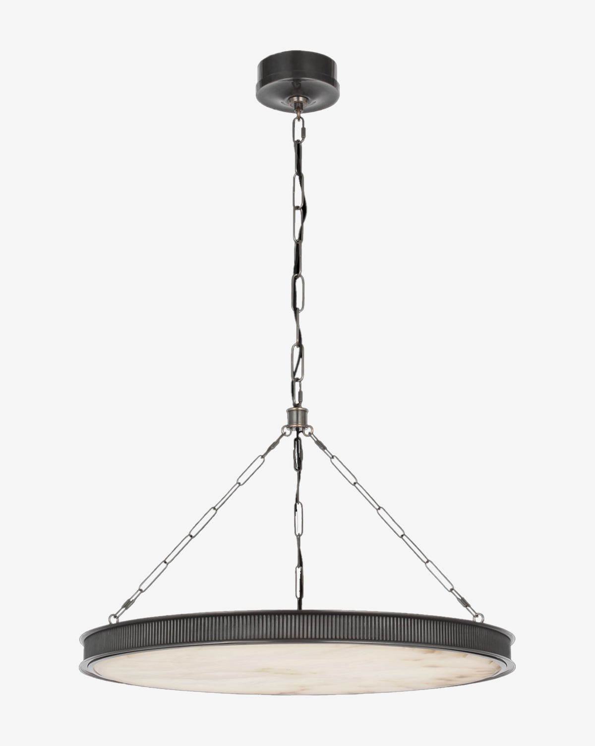 The Matthew Chandelier by Visual Comfort & Co. Signature features a round, flat black metal frame, three chain supports, and an alabaster shade as a white diffuser, suspended from a ceiling mount—available at Vendixs