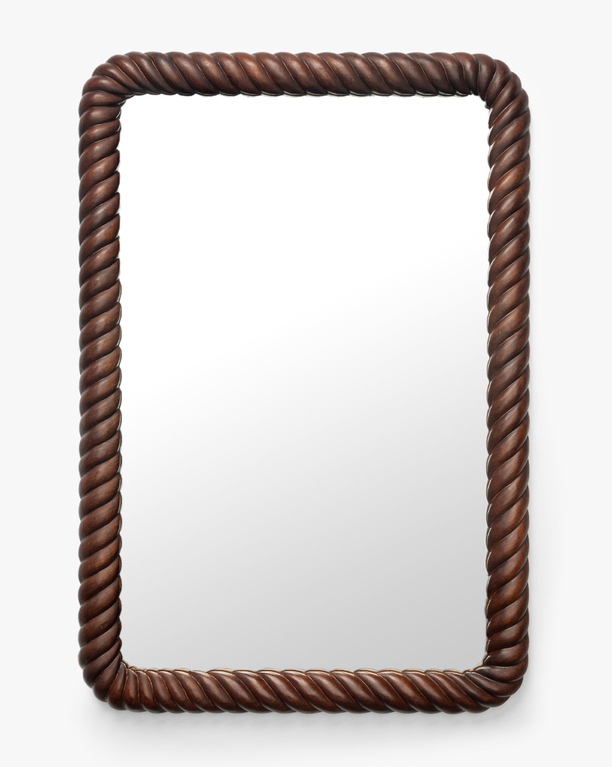The Mayweather Wall Mirror showcases a rectangular design with a rope-inspired dark red walnut frame, highlighted by a plain white background, by Vendixs