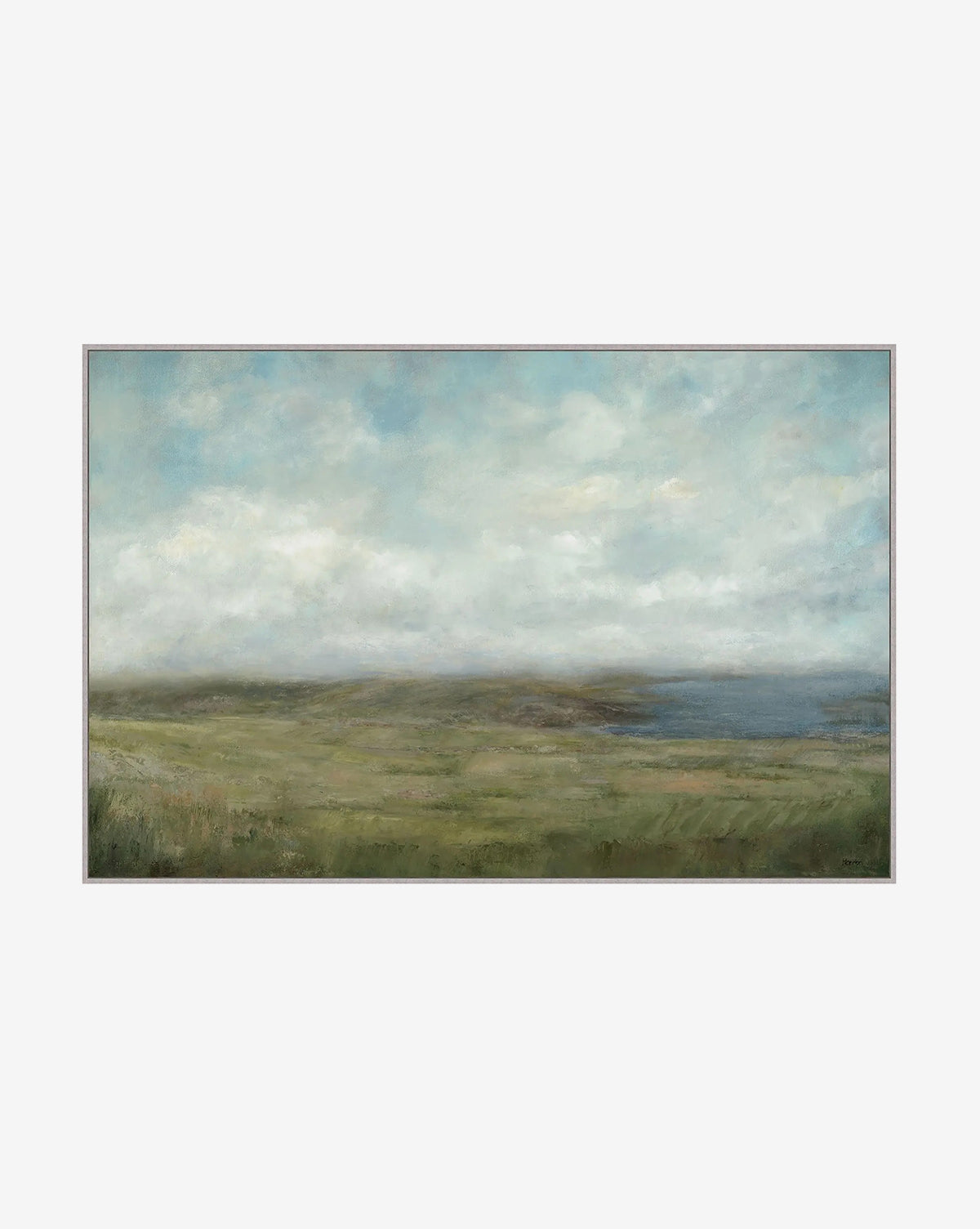 Meadow Vista by Patricia Perron features a tranquil coastal scene with a cloudy sky, lush green field, and distant blue water. This giclée print’s soft tones make it ideal for calming home décor, by Vendixs