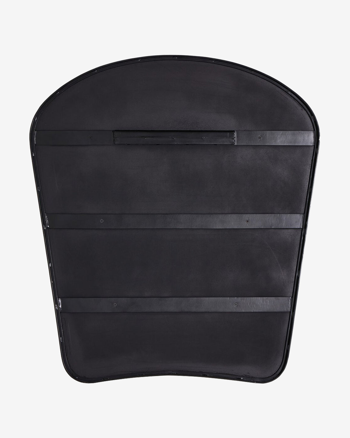 The Meera Iron Mirror is a large, black, rectangular wall art with a curved top and horizontal reinforcements on its modern iron frame, shown against a white background by Vendixs