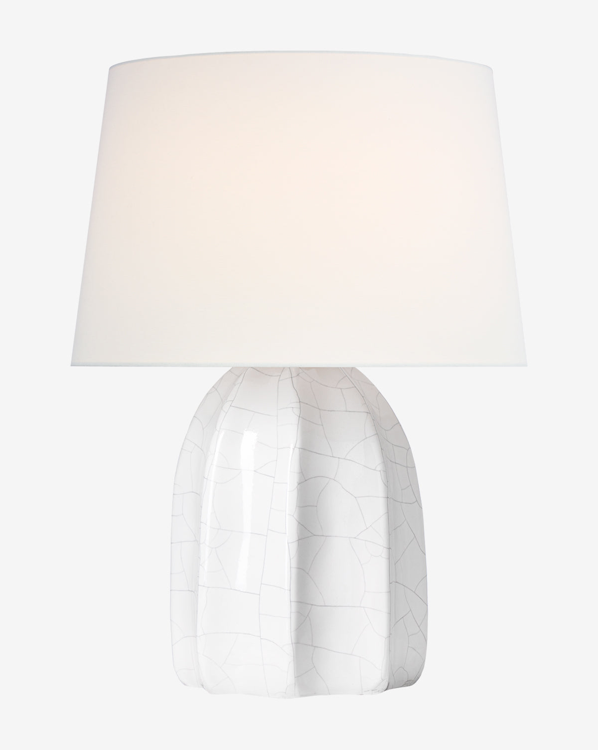 The Melanie 12 Cordless Accent Lamp by Visual Comfort & Co. Signature features a glossy ivory ceramic base with subtle crackle patterns, a wide round shade, and a modern minimalist design. Vendixs