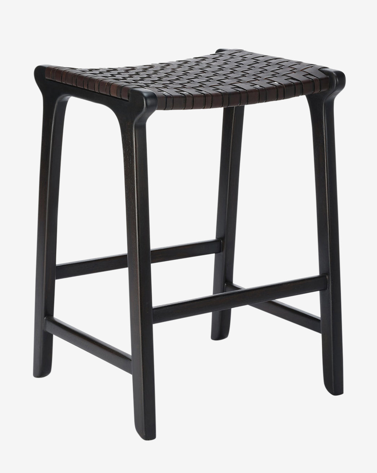 The Meliora Counter Stool by Made Goods features a dark teak frame, four sturdy legs, a footrest, and a woven leather seat with a gently curved design for comfort. Vendixs