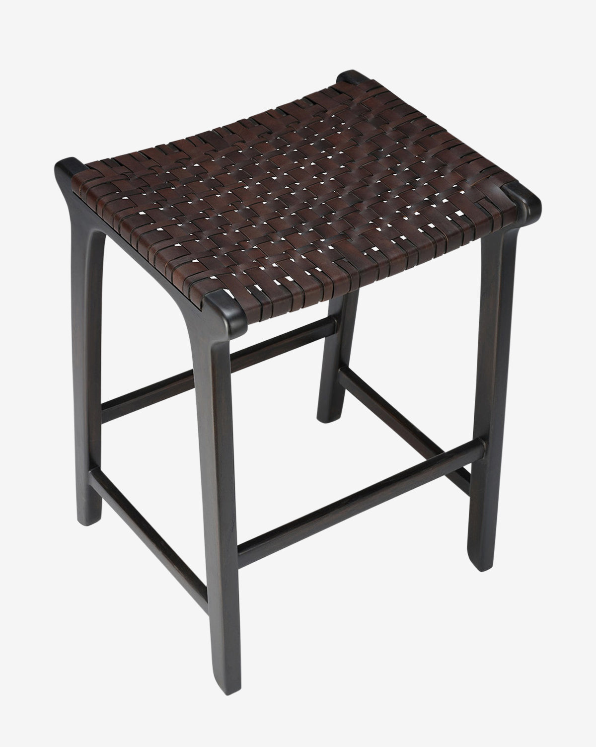 The Meliora Counter Stool by Made Goods features a dark teak frame with four sturdy legs, woven leather seat, and horizontal support bars for added stability. Vendixs