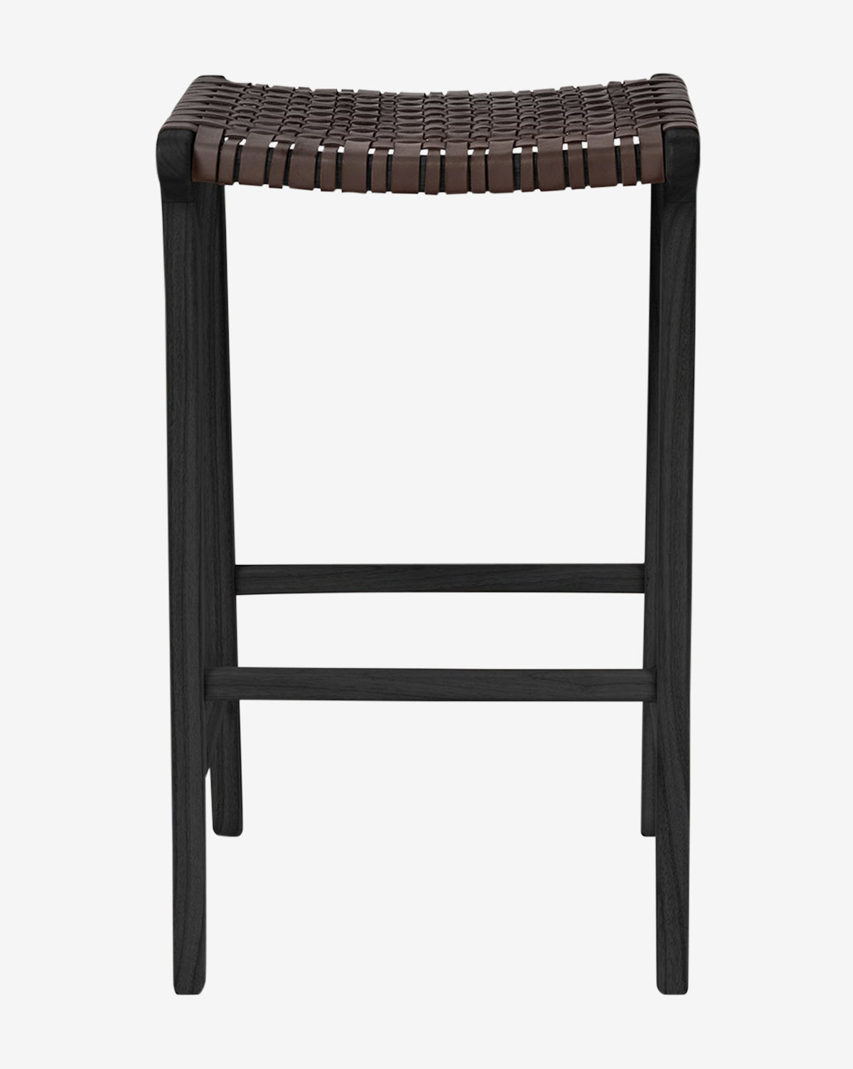 The Meliora Counter Stool by Made Goods features a teak frame and woven brown leather seat, shown on a plain white background with two horizontal support bars connecting the legs, Vendixs