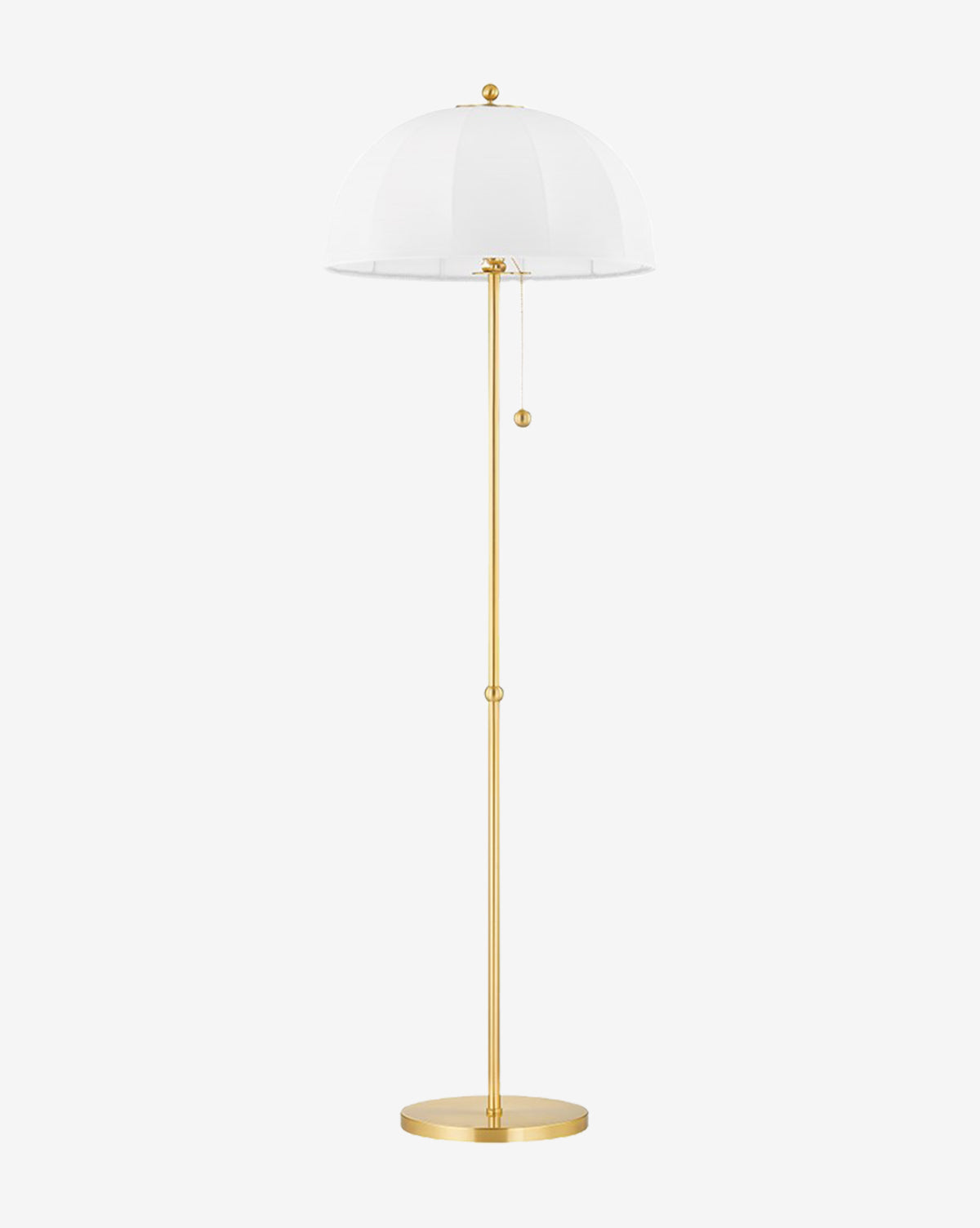 The Meshelle Floor Lamp by Hudson Valley Lighting showcases a gold finish, round base, slim pole, dome-shaped white fabric shade, and a classic pull chain switch under the shade. Vendixs