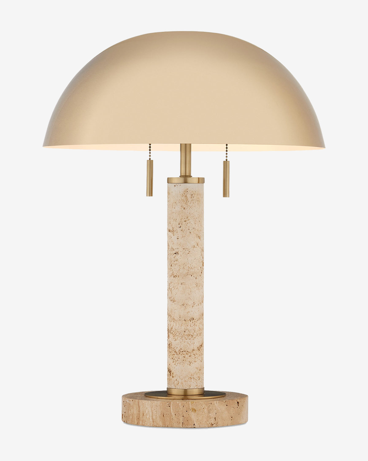 The Miles Table Lamp by Currey & Co. features a cylindrical textured natural travertine base, a matte gold dome-shaped shade, and two pull chains for a modern touch. Vendixs