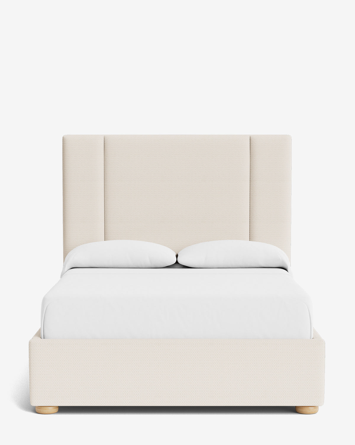 The Mina Bed showcases a beige upholstered frame with a tall paneled headboard, wooden legs, white bedding, two pillows, and a duvet. Crafted from premium fabrics and presented against a plain white background, by Vendixs