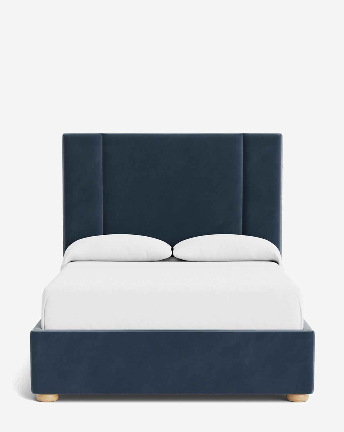 The Mina Bed showcases a modern look with its tall, navy blue upholstered frame made from premium fabric, paired with white linens and two pillows, all set against a plain white background, by Vendixs