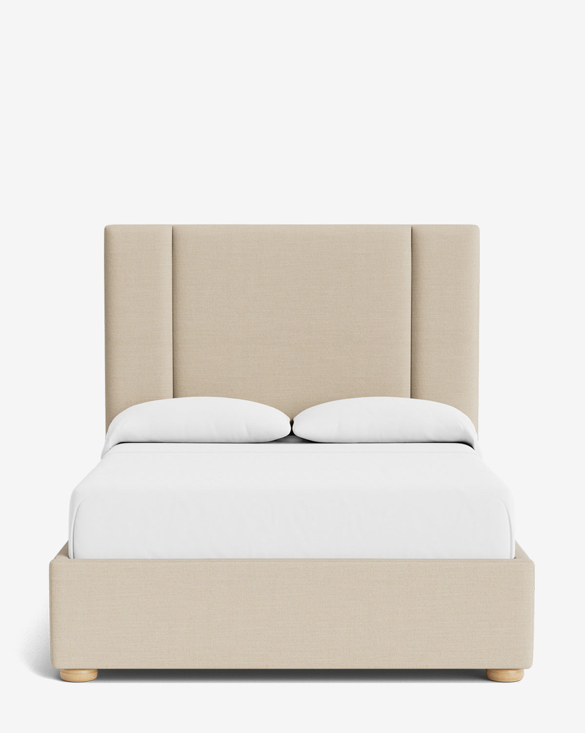 The Mina Bed showcases a tall, paneled headboard and beige upholstered frame crafted from premium fabric. Styled with white bedding and two pillows, its photographed front-facing against a plain white background, by Vendixs