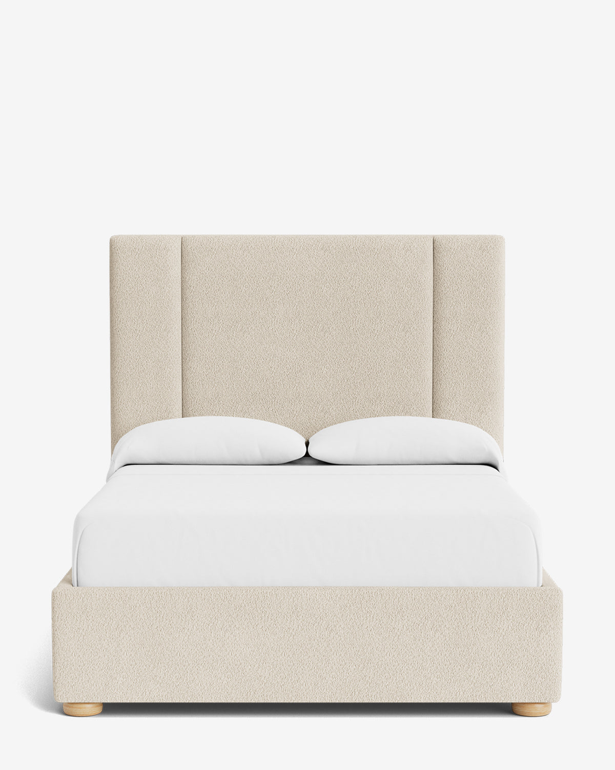 The Mina Bed showcases a beige upholstered frame, tall padded headboard, white bedding with two pillows, and light wooden legs—all crafted from premium materials—against a plain white background, by Vendixs