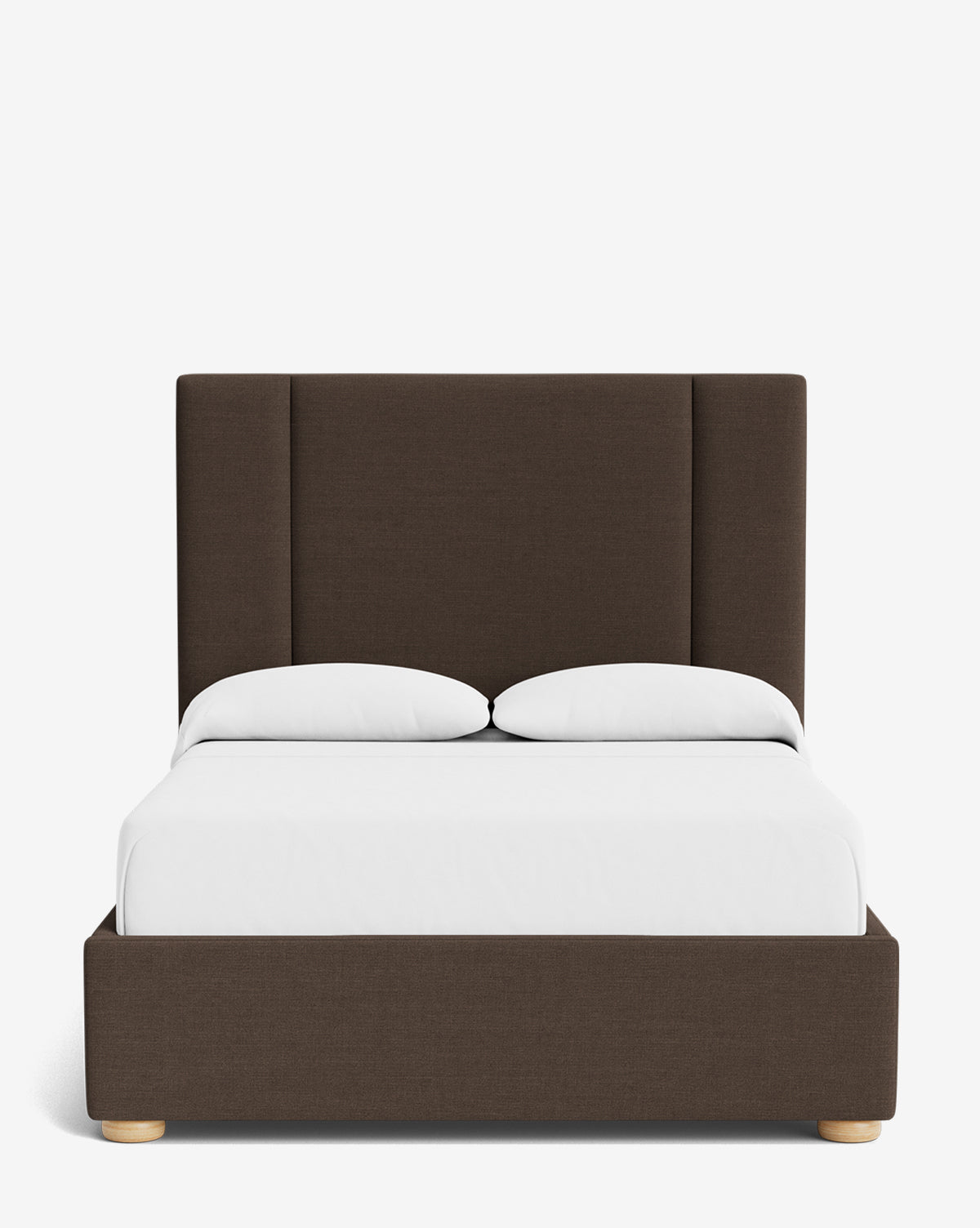 The Mina Bed features a tall, dark brown upholstered frame and headboard in premium fabric, paired with a white mattress and two white pillows, all set against a plain white background by Vendixs