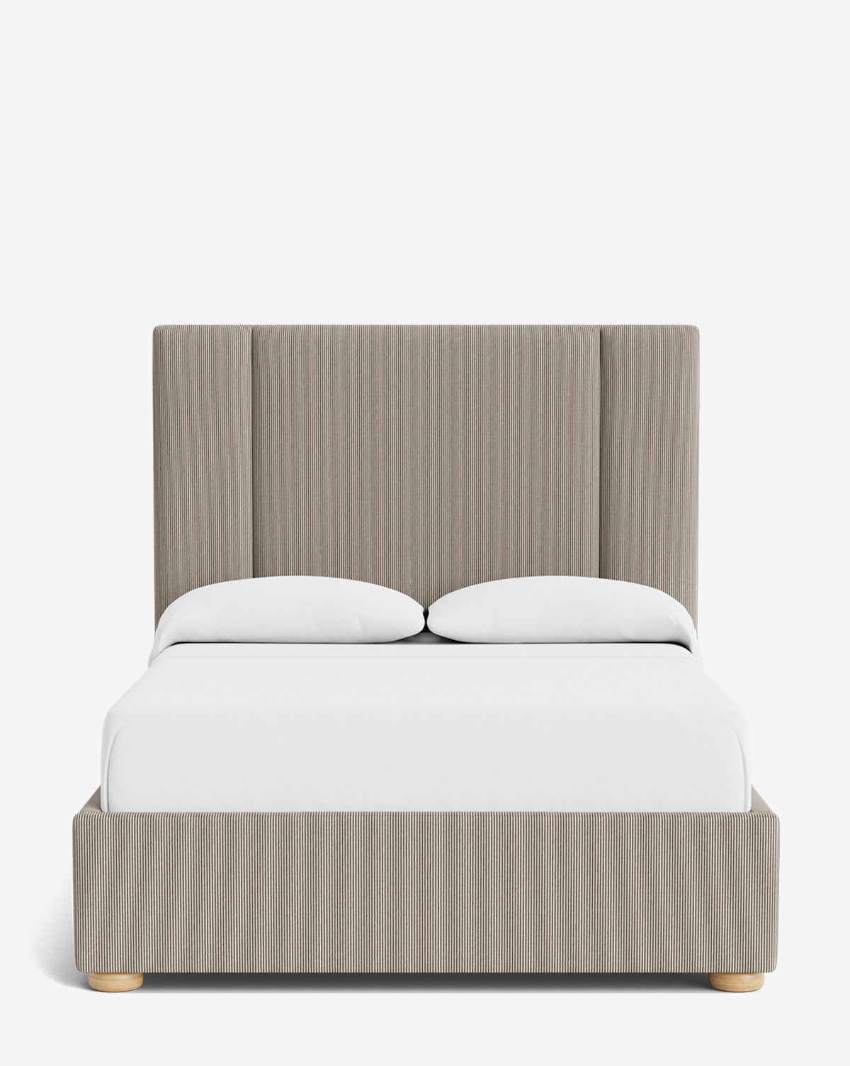 The Mina Bed boasts a tall, upholstered beige headboard and frame made from premium fabric. Simple wooden legs and crisp white bedding add modern appeal, making it stylish and inviting against a plain white background, by Vendixs