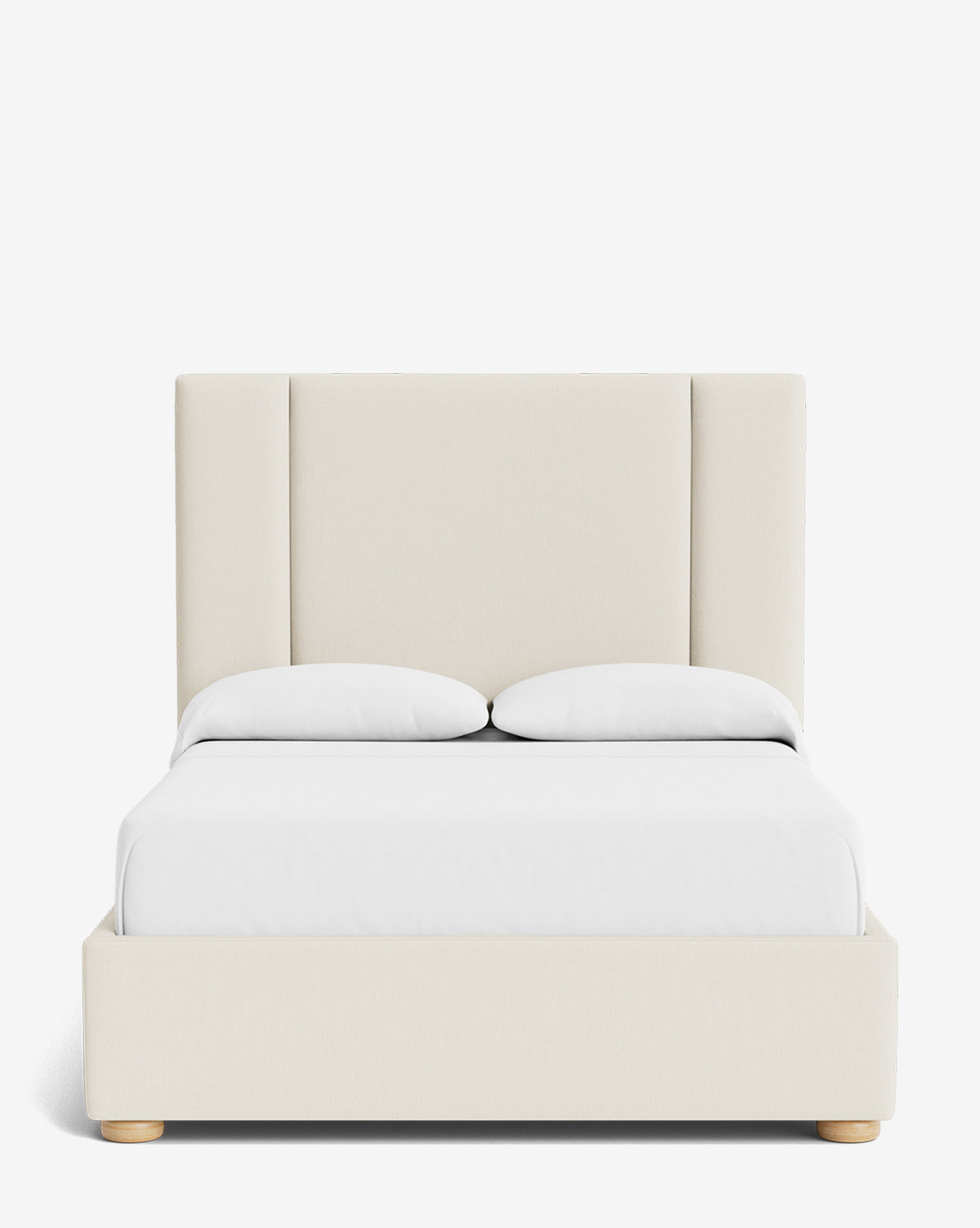 The Mina Bed boasts a minimalist look with a tall, padded cream headboard and upholstered frame, accented by two white pillows and a crisp white duvet, all presented against a plain white background, by Vendixs