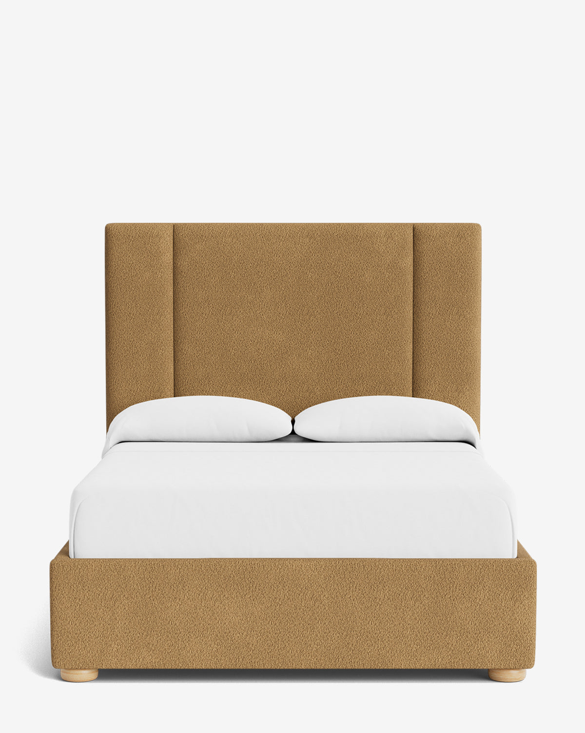 The Mina Bed is a tall, tan upholstered bed frame made from premium fabric, shown from the front with white bedding and two pillows, all set against a white background, by Vendixs