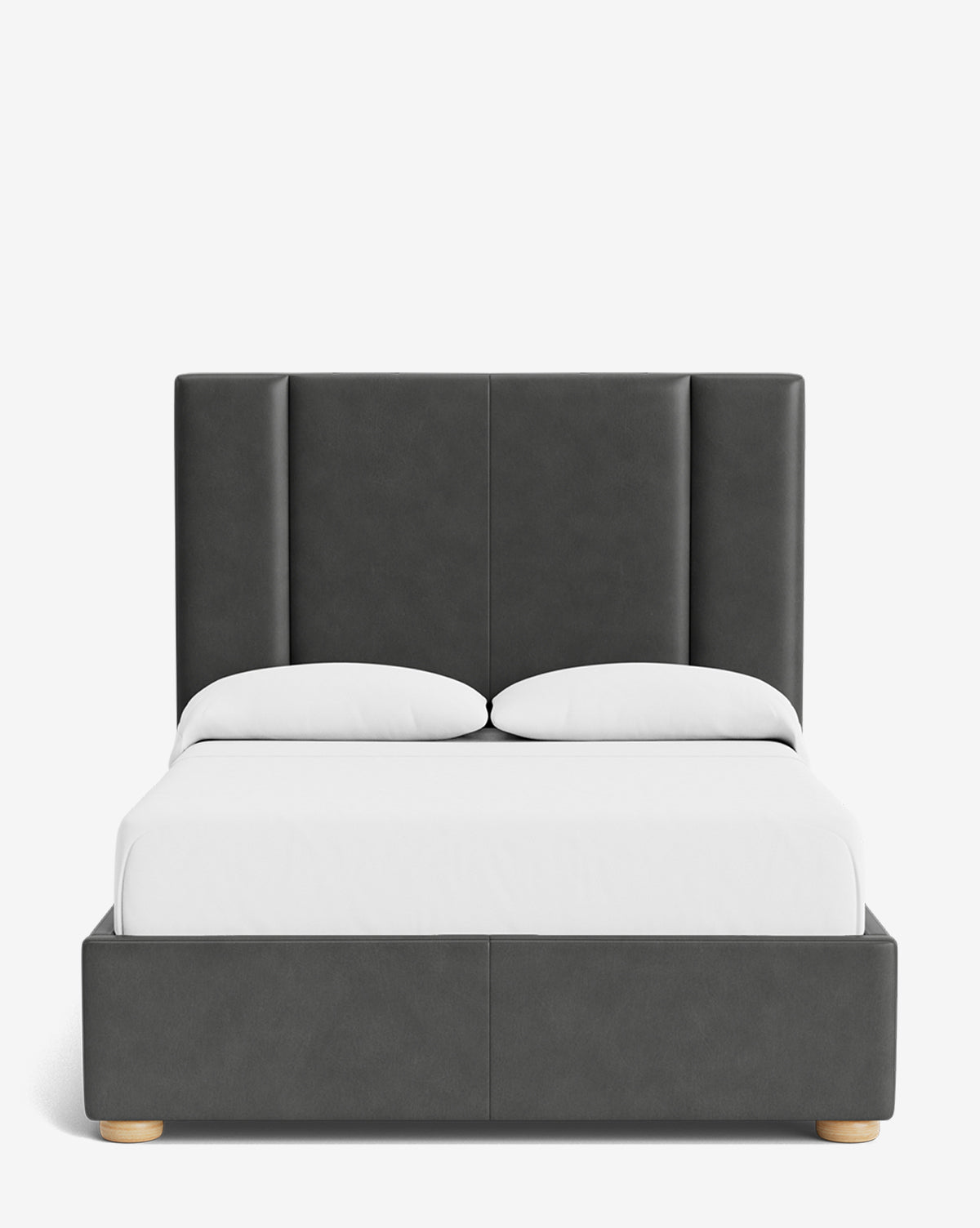 The Mina Bed features a tall, dark gray upholstered headboard with high-end fabric, white bedding, and two pillows. This minimalist bed frame stands on light wooden feet against a plain white background, by Vendixs