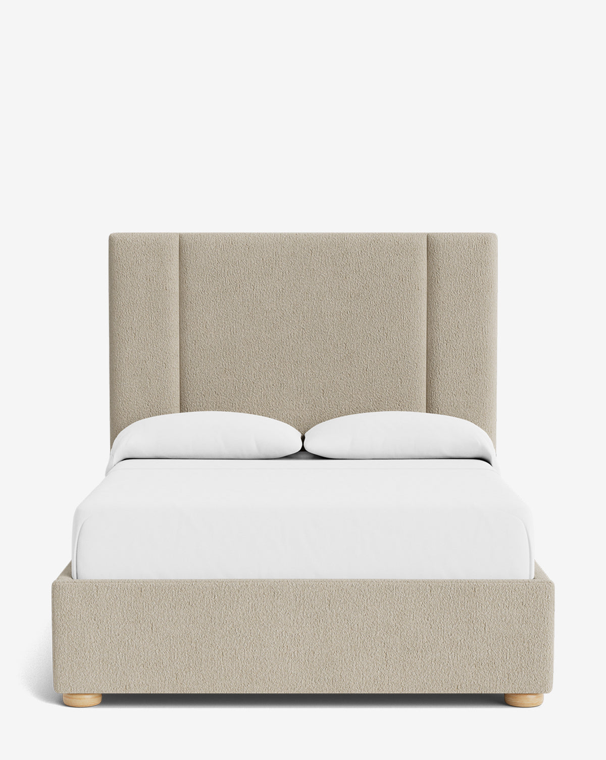 The Mina Bed showcases a beige upholstered frame with a tall paneled headboard, white bedding, and wooden legs. Crafted from premium materials, its displayed on a plain white background, by Vendixs