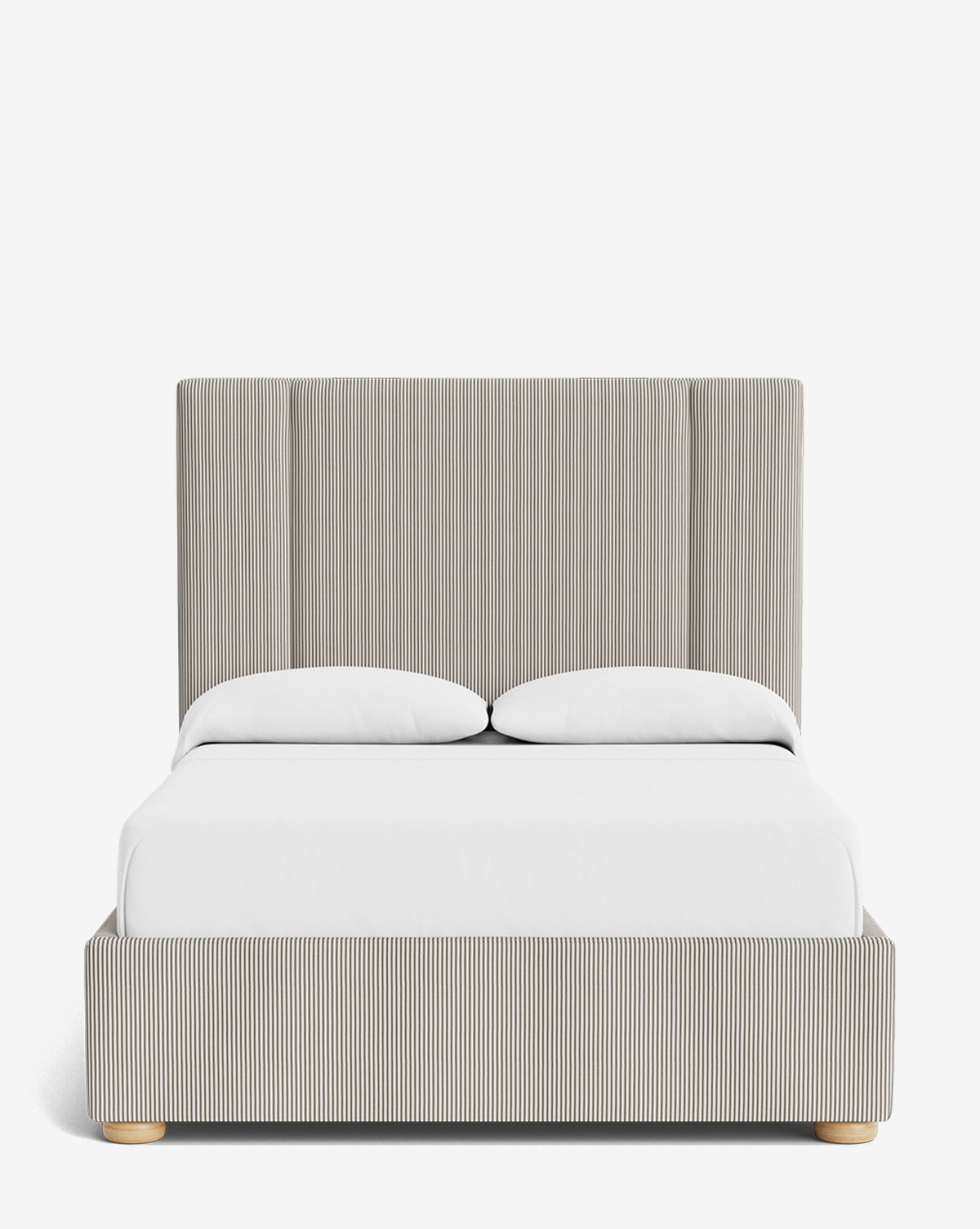 The Mina Bed is a modern light gray upholstered bed with tall vertical panels and matching base. It includes two white pillows and a white sheet, shown from the front against a white background, by Vendixs