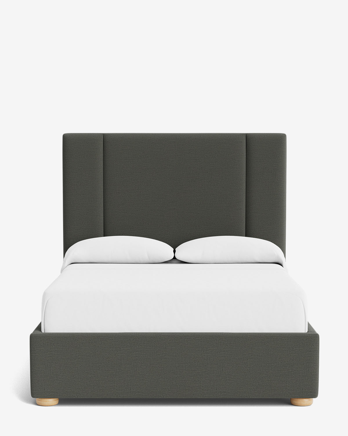 The Mina Bed is a modern bed frame in dark gray upholstery with a tall headboard, made from premium fabric. Styled with white bedding and two pillows, it’s shown against a plain white background by Vendixs