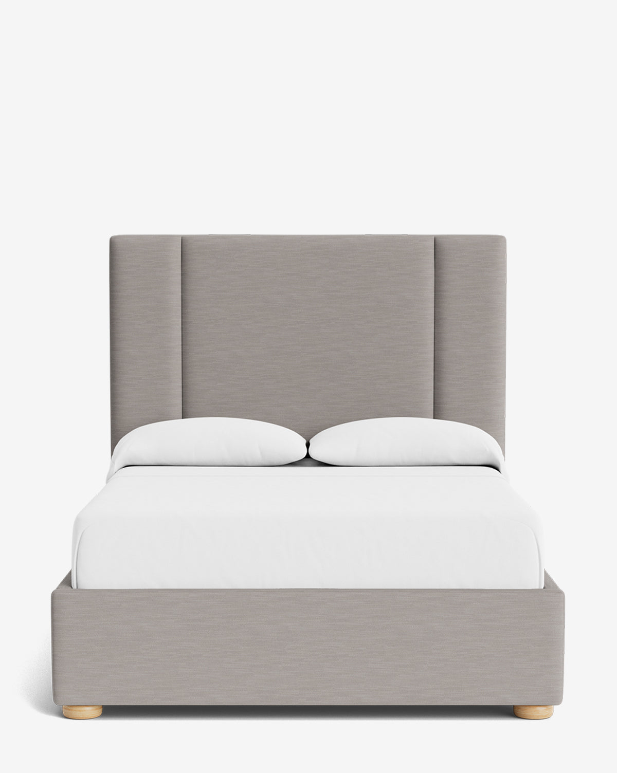 The Mina Bed showcases a tall, upholstered light gray headboard and matching frame, crafted from premium fabrics, complemented by white bedding and two pillows, set against a plain white background, by Vendixs