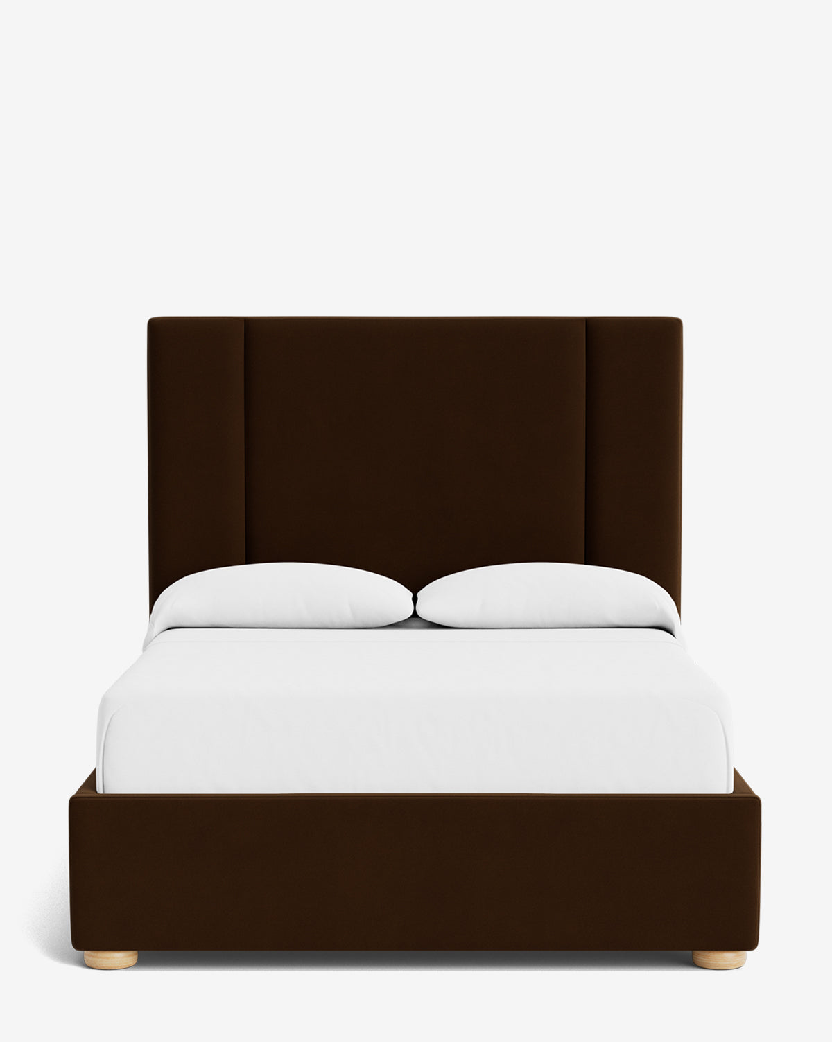 The Mina Bed showcases a tall dark brown upholstered headboard and frame in premium fabric, paired with white bedding and two matching pillows, displayed front-facing against a plain white background by McGee & Co.