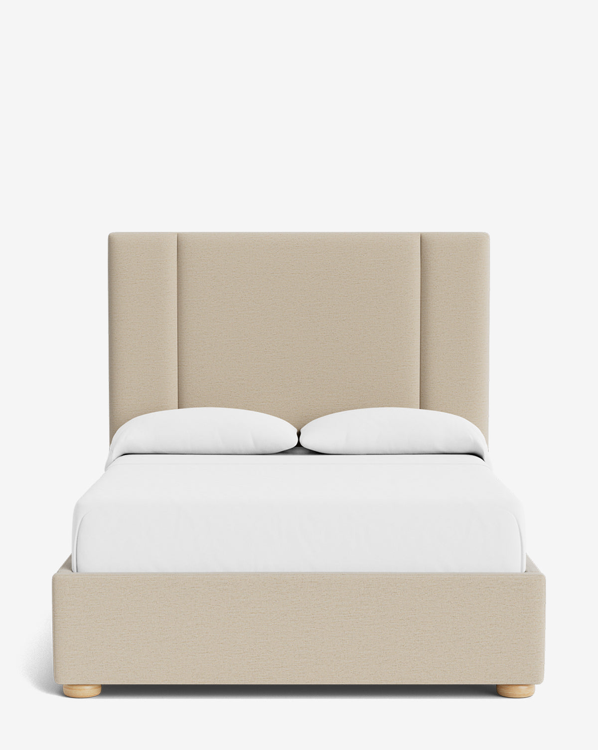 The Mina Bed showcases a modern beige upholstered frame with a tall paneled headboard, crafted from high-end fabrics. Styled with white pillows and a mattress, it is set against a plain white background by Vendixs