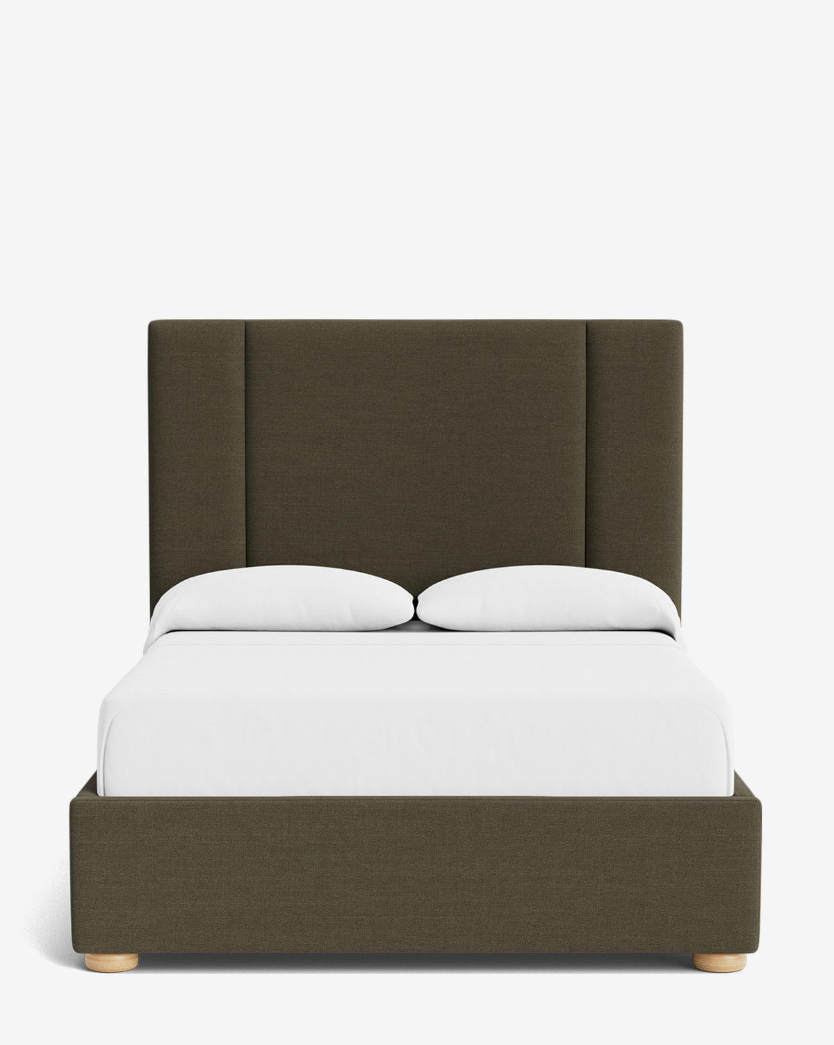 The Mina Bed features an olive green upholstered frame made from premium fabric, complemented by white bedding, two pillows, and light wood legs, all presented against a simple white background, by Vendixs