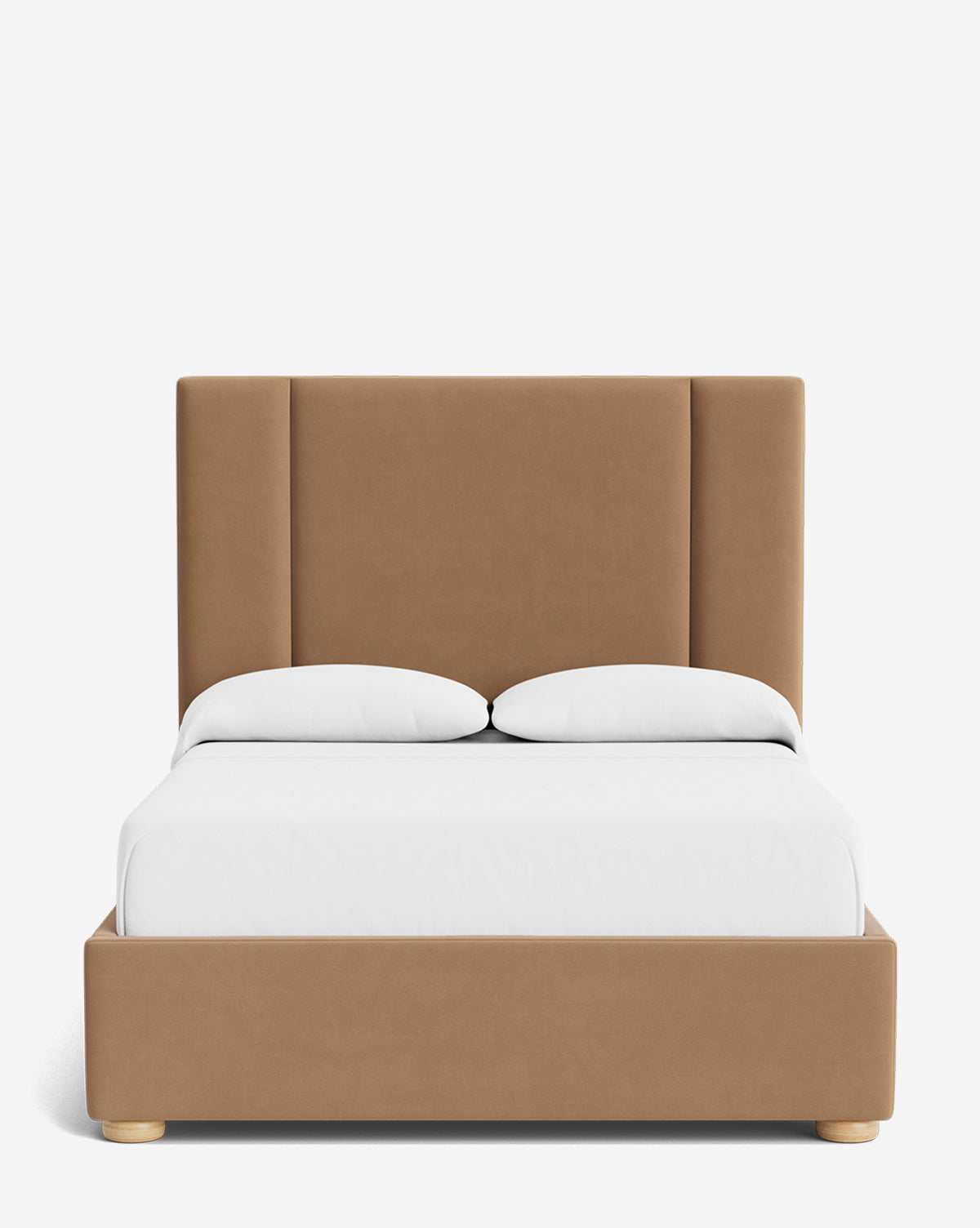 The Mina Bed features a tall, tan upholstered frame crafted from premium fabric, paired with white bedding and two white pillows, shown from the front on a plain white background by Vendixs