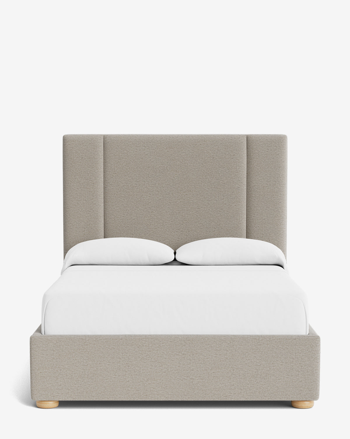 The Mina Bed features a light gray upholstered frame made from premium fabrics, a tall divided headboard, low profile, and wooden legs. Shown front-facing, its neatly dressed in white bedding with two pillows by Vendixs