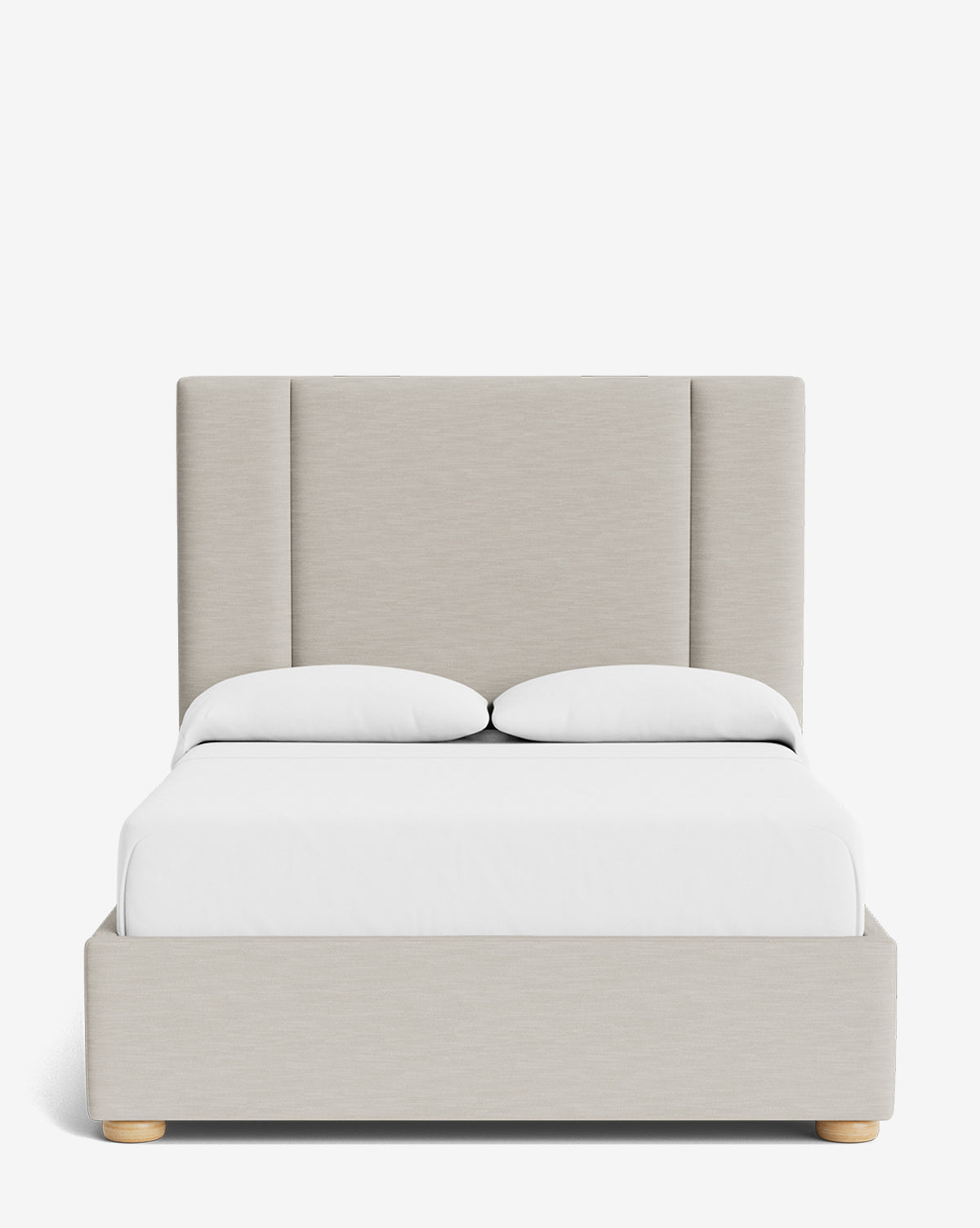 The Mina Bed showcases a modern beige upholstered frame with premium fabric and a tall panel headboard, set against a plain white background with crisp white bedding, by Vendixs