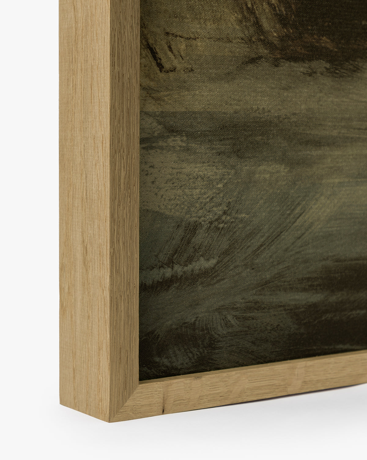 Close-up of the corner of a white oak frame holding Misty Blue Headland, a painting with textured, dark green and brown brushstrokes. The natural light wood finish enhances the artworks rich colors, by Vendixs