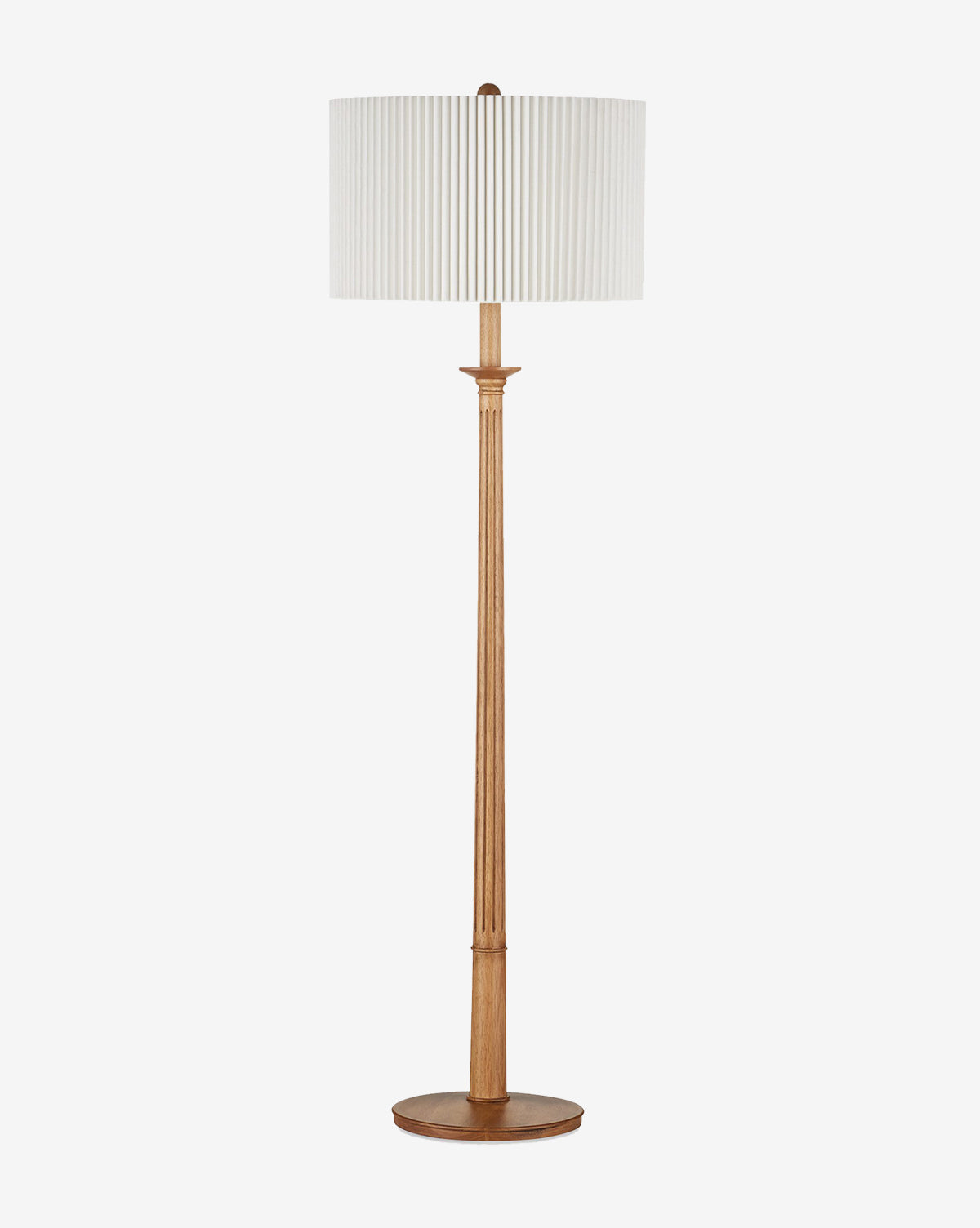 The Currey & Co. Mitford Floor Lamp showcases a natural wood base and stand with a wide bone linen shade, displayed on a plain white background. Vendixs