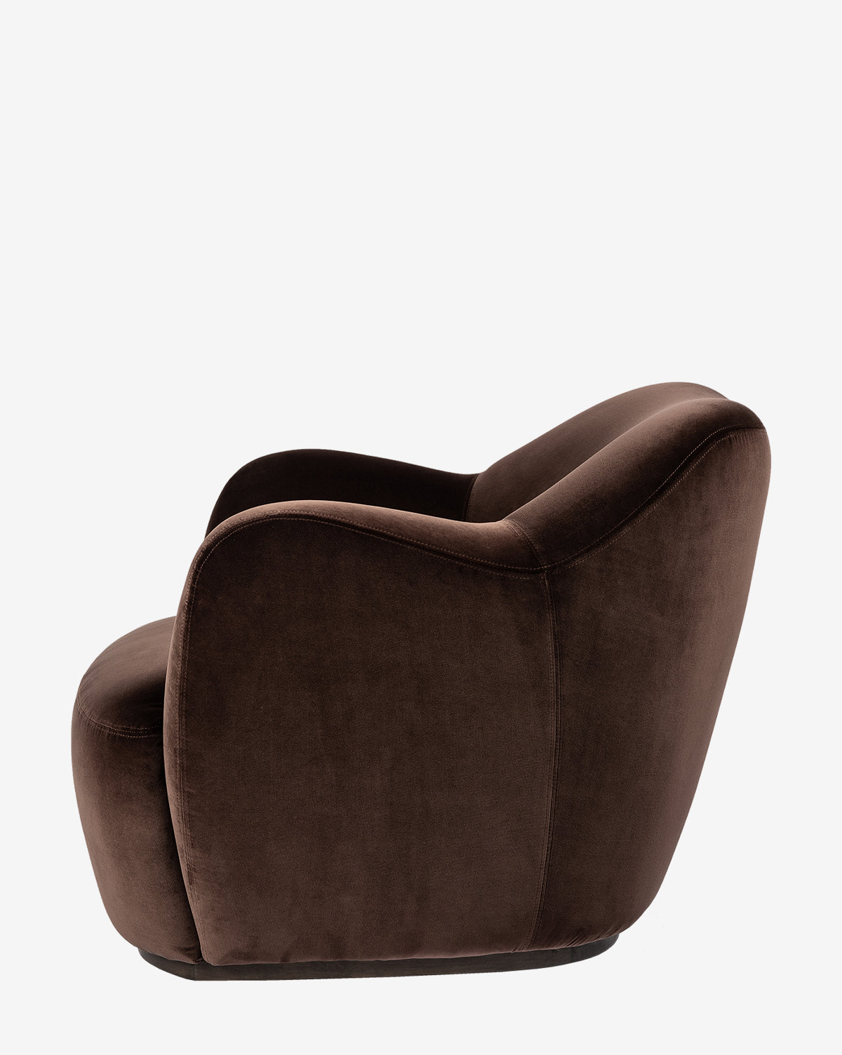Side view of the Moira Swivel Chair, upholstered in plush cocoa fabric with smooth, rounded curves and a low, wide seat, set against a plain white background by McGee & Co.