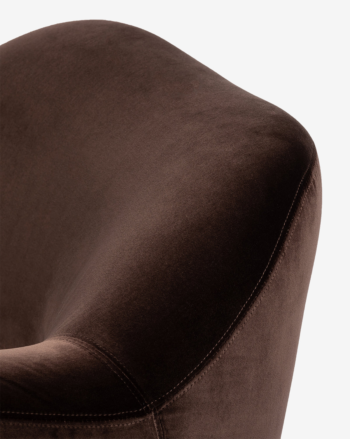 Close-up of the curved backrest on the Moira Swivel Chair in brown cocoa fabric, showcasing its smooth texture and detailed seam stitching against a white background, by Vendixs