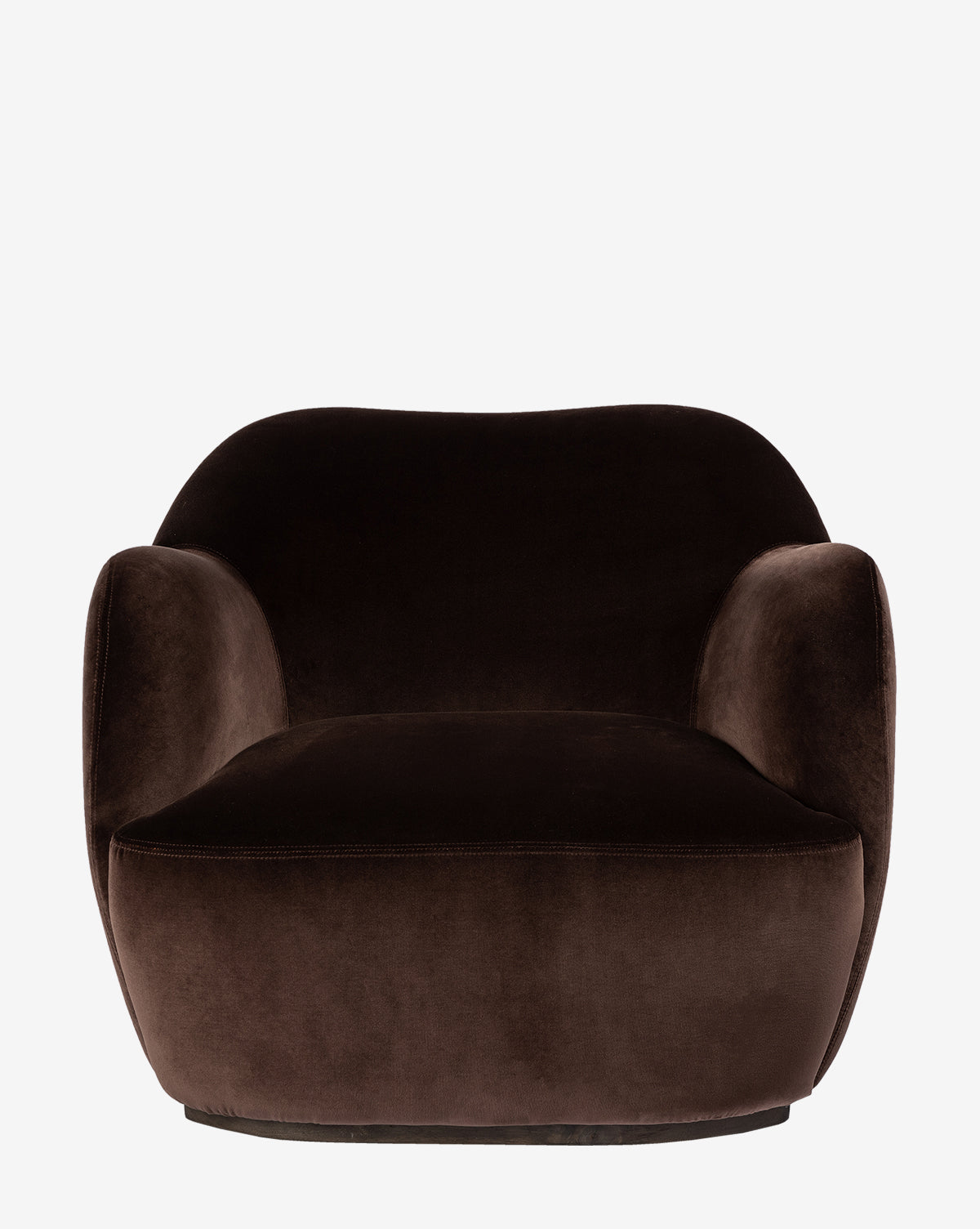 Front view of the Moira Swivel Chair by Four Hands, upholstered in plush dark brown velvet with rounded edges and a low backrest—ideal for the living room, shown against a plain white background, with the exact string Vendixs blended at the end.