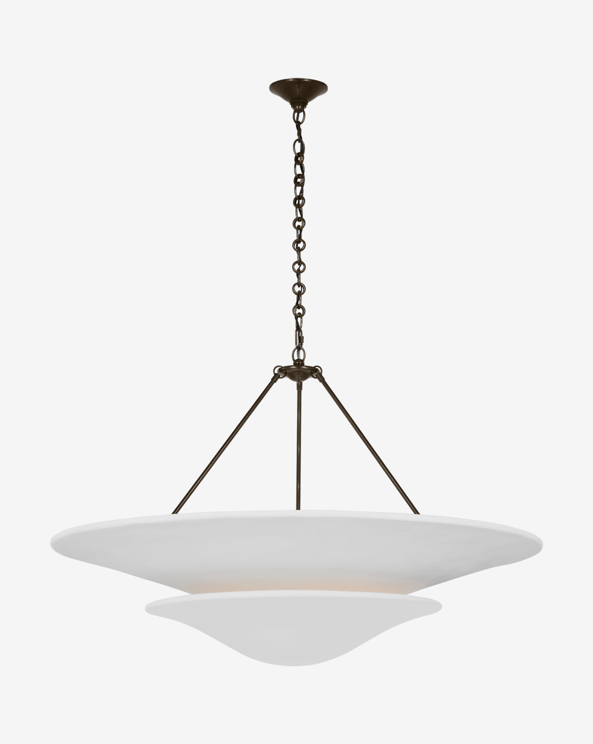 The Mollino 40 Chandelier by Visual Comfort & Co. Signature features a dark metal chain and rods suspending a wide, white, shallow bowl-shaped glass shade—bringing elegant contemporary style to any space. Vendixs