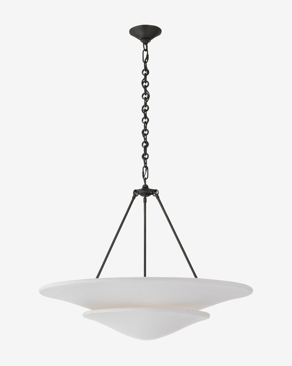 The Visual Comfort & Co. Signature Mollino Chandelier has a black frame, antique brass chain, and two white overlapping bowl-shaped shades suspended from the ceiling against a white background, Vendixs