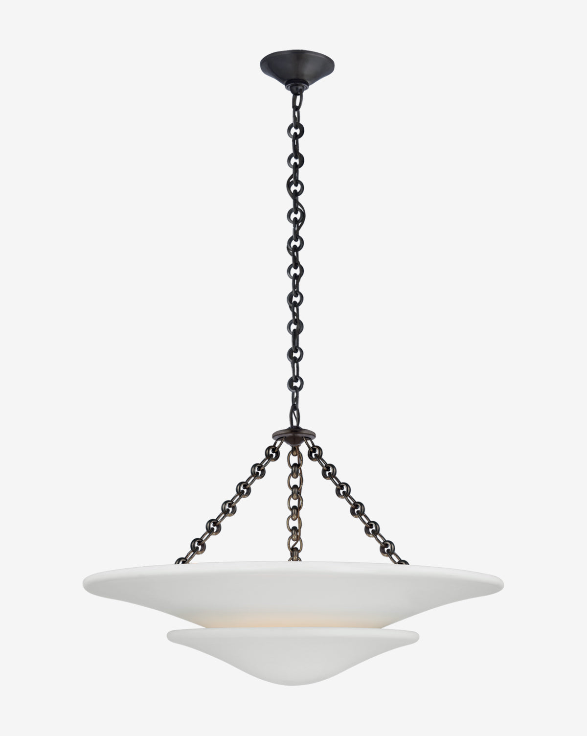 The Mollino Tiered Chandelier by Visual Comfort & Co. Signature is a contemporary fixture with a matte black chain and double-layered white frosted glass shade, elegantly showcased against a plain white background. Available at Vendixs