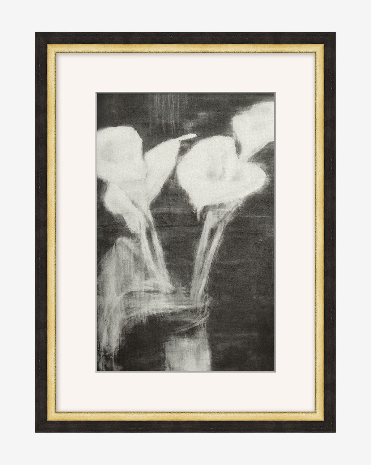 Monochrome Florals is a framed giclee print featuring three abstract white calla lilies with stems on a dark, textured background. This home accent offers minimal details for a soft, blurred effect, by Vendixs