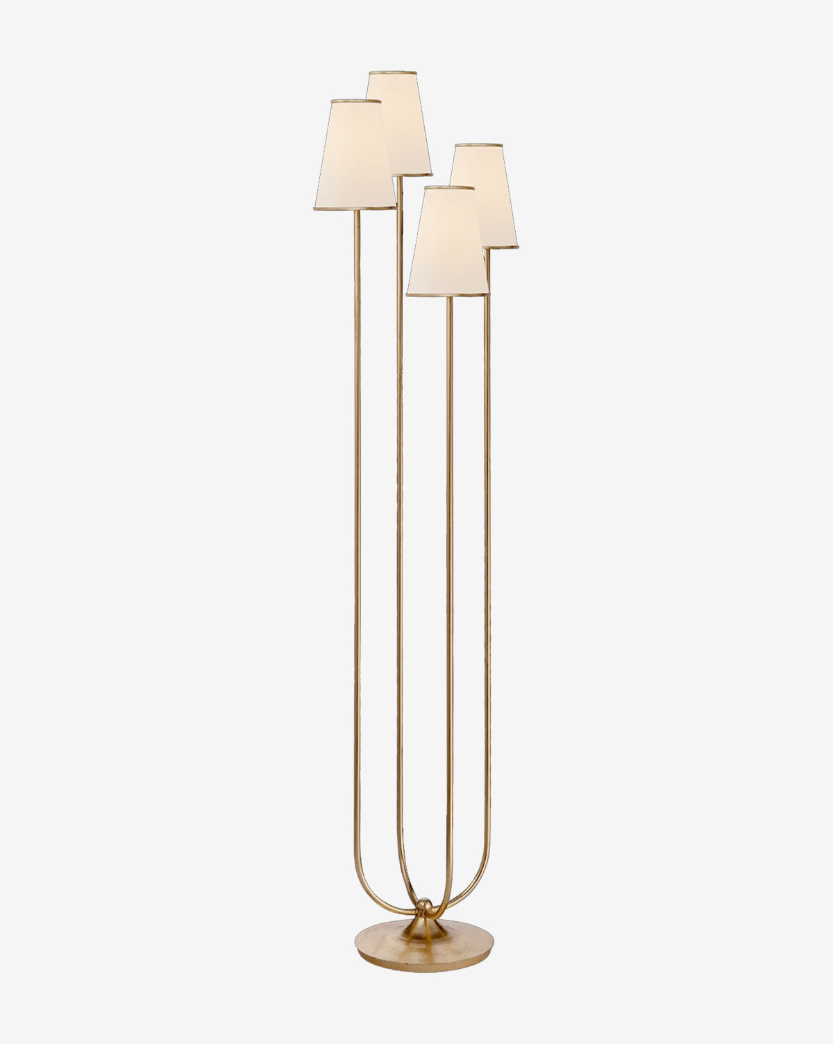 The Montreuil Floor Lamp by Visual Comfort & Co. Signature features three gold metal stems of varying heights, each with a white angular shade and a round gold base—ideal for adding modern style to any living room or home office. Available at Vendixs