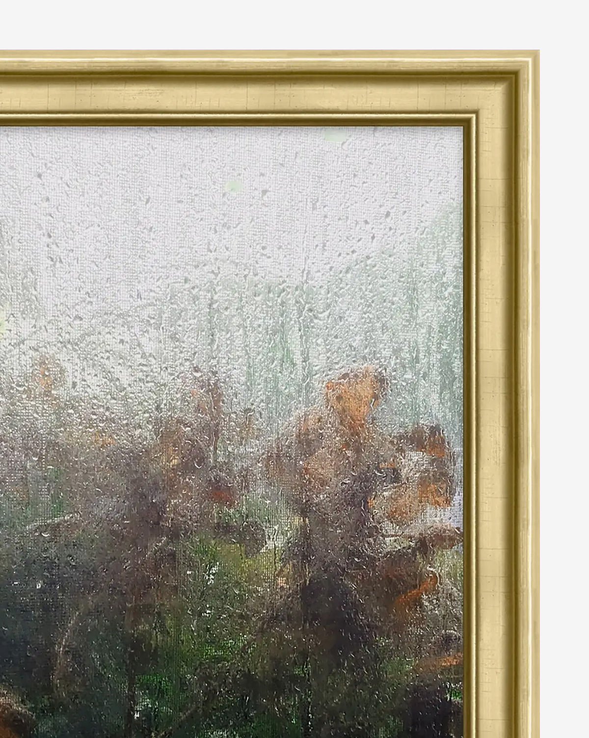 Morning Dew View by Patrick Wilson is a framed giclée on canvas, featuring blurry flowers and greenery seen through rain-streaked glass for a misty, impressionistic look—ideal for serene home décor, by Vendixs