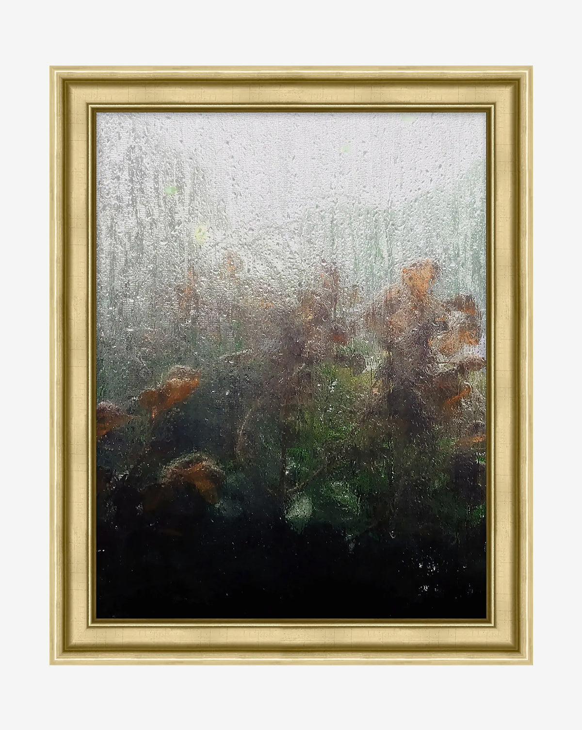 Morning Dew View by Patrick Wilson is a framed giclée on canvas featuring textured, misty green foliage and brownish flowers—evoking plants seen through rain—for serene home decor, by Vendixs